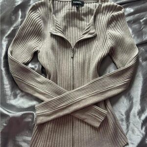 Express Taupe Ribbed Zip Up Sweater